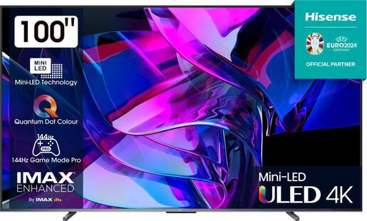Hisense Mini-LED ULED TV 100" 100U7KQ, 4K Ultra HD, VIDAA OS Smart TV, Full Array Local Dimming, 144Hz Game Mode Pro, Quantum Dot Colour, Hi-View Engine, Dolby Vision-Atmos