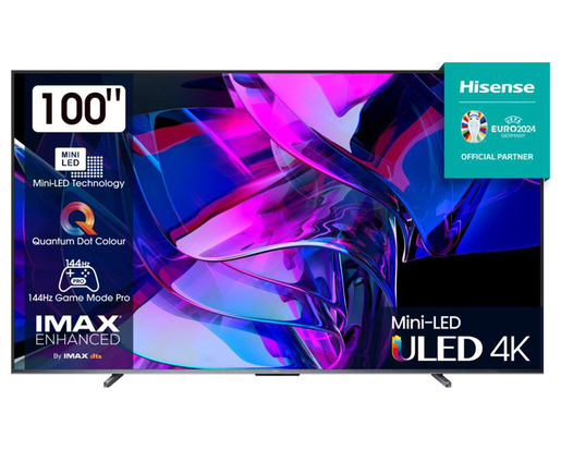 Hisense Mini-LED ULED TV 100" 100U7KQ, 4K Ultra HD, VIDAA OS Smart TV, Full Array Local Dimming, 144Hz Game Mode Pro, Quantum Dot Colour, Hi-View Engine, Dolby Vision-Atmos