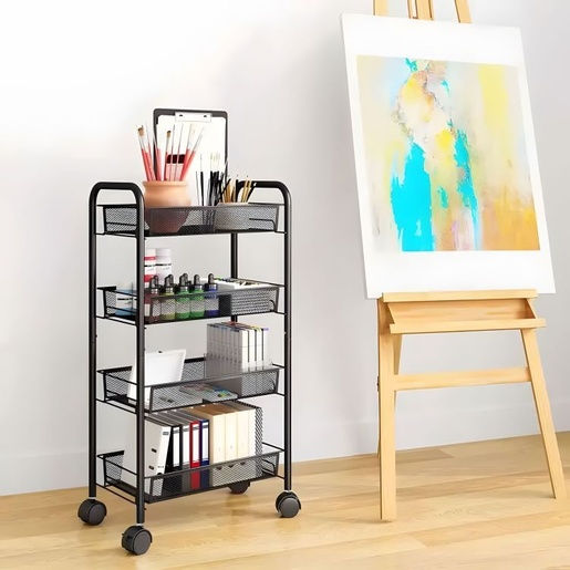 ModernHome  Crna metalna polica sa točkićima za kuhinju ili kupatilo 4 nivoa