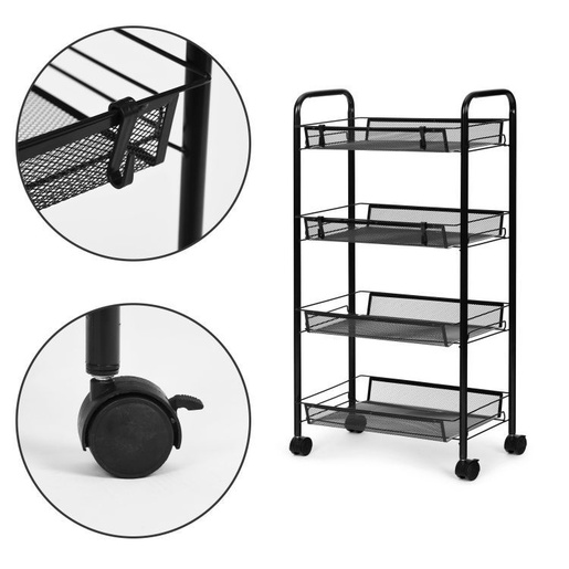 ModernHome  Crna metalna polica sa točkićima za kuhinju ili kupatilo 4 nivoa