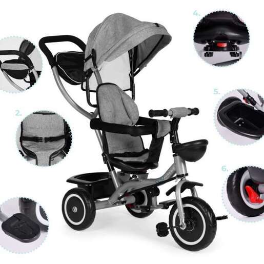 EcoToys 2U1 Tricikl sa rotirajućim sedištem i sklopivom tendom WQL-066-52 GRAY