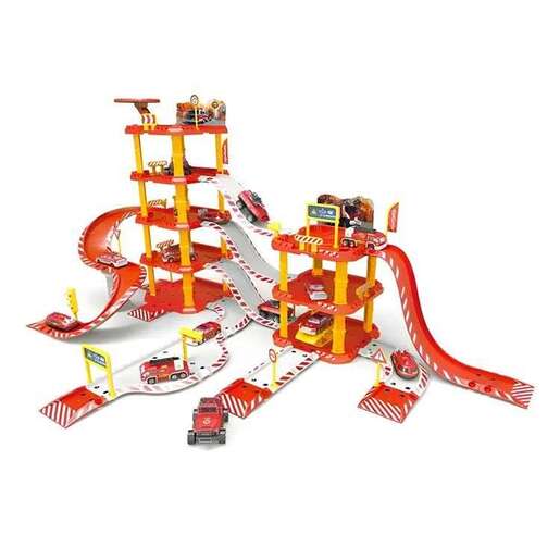 EcoToys Velika parking garaža vatrogasna stanica,4 nivoa, benzinska pumpa, 100 elemenata