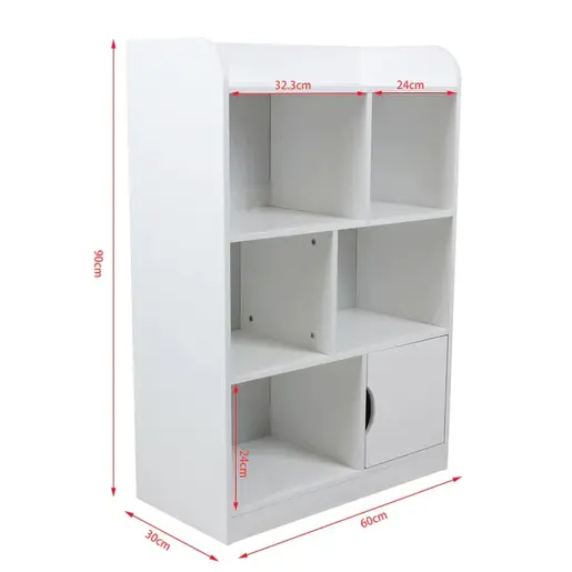 KINDER HOME Dečija drvena polica za odlaganje knjiga i igračaka na 4 nivoa sa vratima beli TF5473