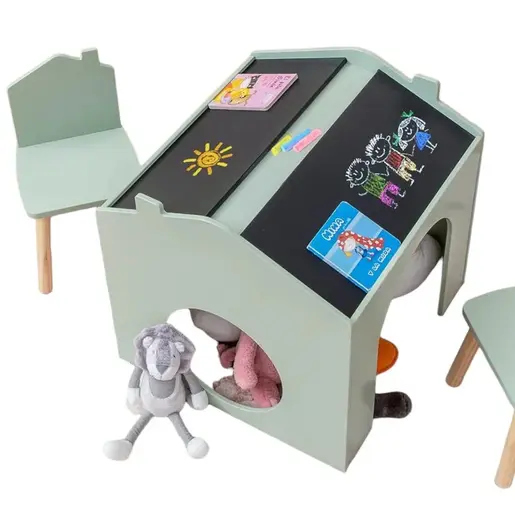 KINDER HOME Dečiji sto sa 2 stolice - Kuća za više aktivnosti sa crnom tablom, stolom za crtanje i čitanje AT-BT-2311