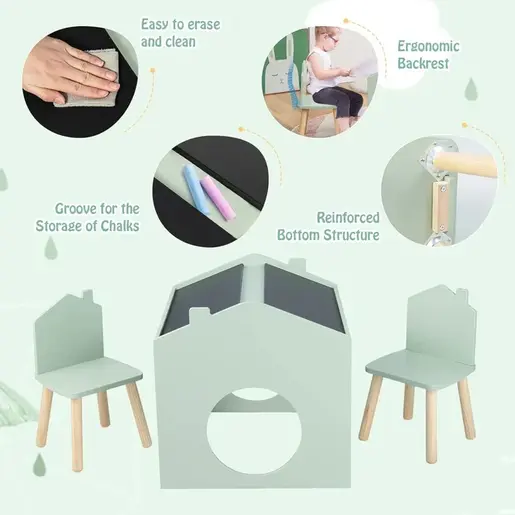 KINDER HOME Dečiji sto sa 2 stolice - Kuća za više aktivnosti sa crnom tablom, stolom za crtanje i čitanje AT-BT-2311