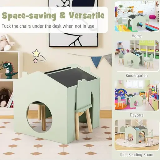 KINDER HOME Dečiji sto sa 2 stolice - Kuća za više aktivnosti sa crnom tablom, stolom za crtanje i čitanje AT-BT-2311