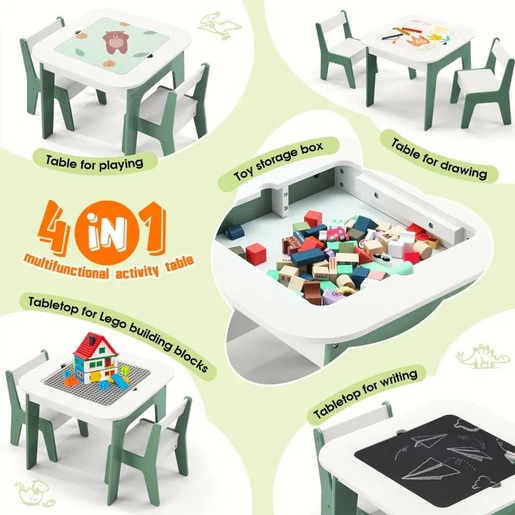 KINDER HOME Dečiji sto sa stolicama 4 u 1 ,2 vrha,tabla i vrh za slaganje LEGO konstrukotora TF-6808