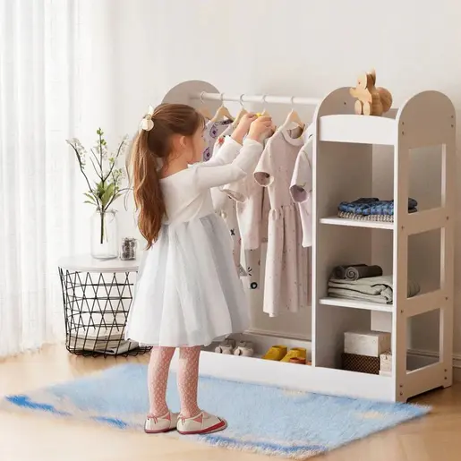 KINDER HOME Dečiji stalak za odeću sa ogledalom - Dečiji otvoreni orman sa policama i vešalicama, bela AT-DC-2108-V