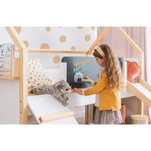 KINDER HOME Kućica za dečiji krevet, Montesori, dvospratna, tobogan, crna tabla SRK-20
