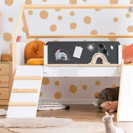 KINDER HOME Kućica za dečiji krevet, Montesori, dvospratna, tobogan, crna tabla SRK-20