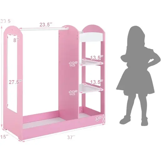 KINDER HOME Dečiji stalak za odeću sa ogledalom - Dečiji otvoreni orman sa policama i vešalicama, roze AT-DC-2108-P