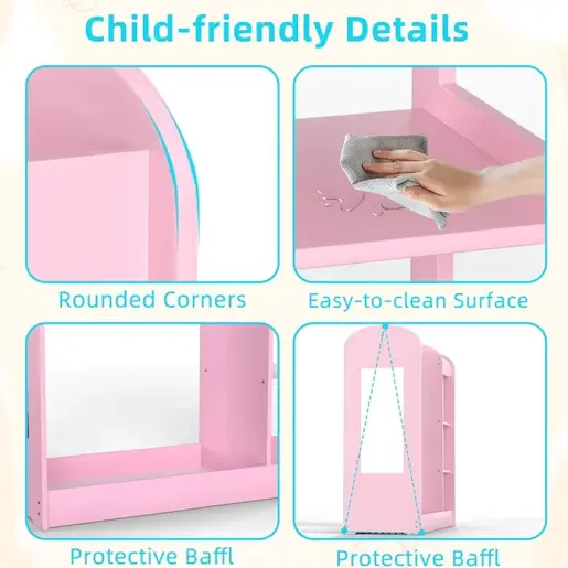 KINDER HOME Dečiji stalak za odeću sa ogledalom - Dečiji otvoreni orman sa policama i vešalicama, roze AT-DC-2108-P