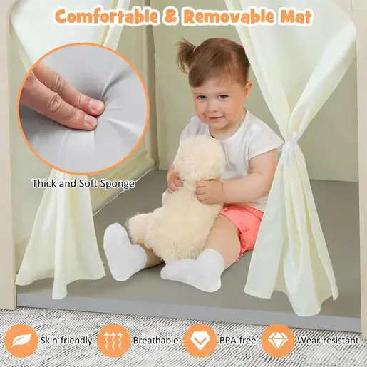 KINDER HOME Dečiji drveni letnjikovac 6 u 1  – stolica, sto, tabla, organizator, tenda i mekana podloga AT-KF-2401