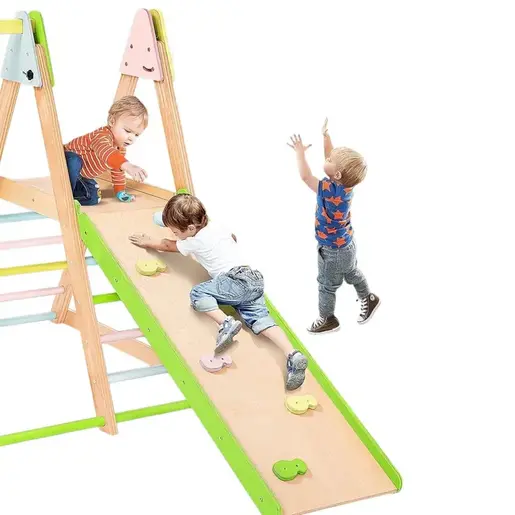 KINDER HOME Dečiji drveni set 4 u 1 – ljuljaška, tobogan, ram za penjanje i rampa za penjanje AT-KF-2403