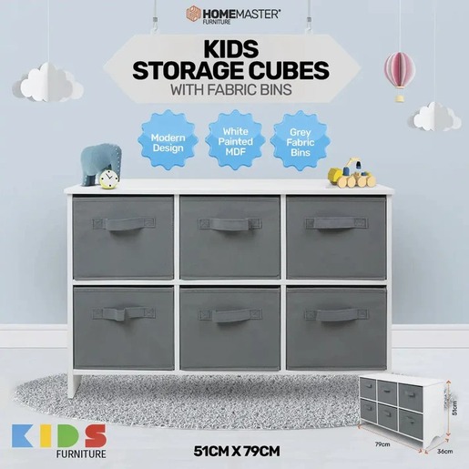 KINDER HOME Drvena komoda sa 6 tekstilnih fioka za odlaganje siva TF5491