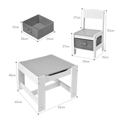 KINDER HOME Dvostrani dečiji drveni sto sa 2 stolice belo-sivi TF6265