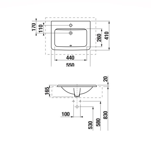 Jika Cubito Pure White umivaonik (lavabo) 550x410x20 ugradni sa rupom za bateriju i sa prelivom 8.1742.2.000.104.1