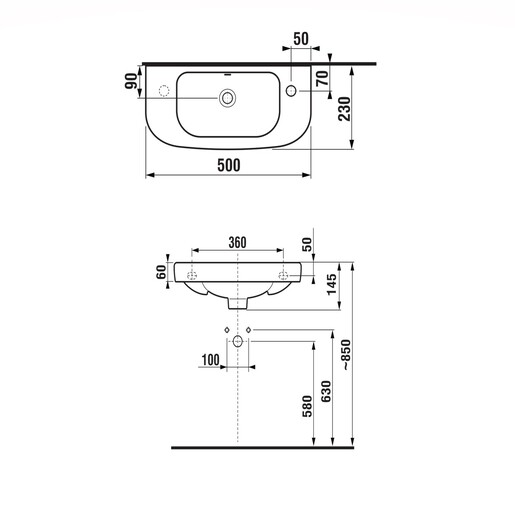 Jika Deep White umivaonik (lavabo) 50x23x0,6 konzolni sa rupom za bateriju levo i sa prelivom 8.1561.5.000.105.1