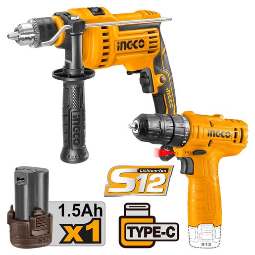 INGCO Aku set alata - Aku odvijač 12 V + El. Bušilica 810W COSLI 23041E