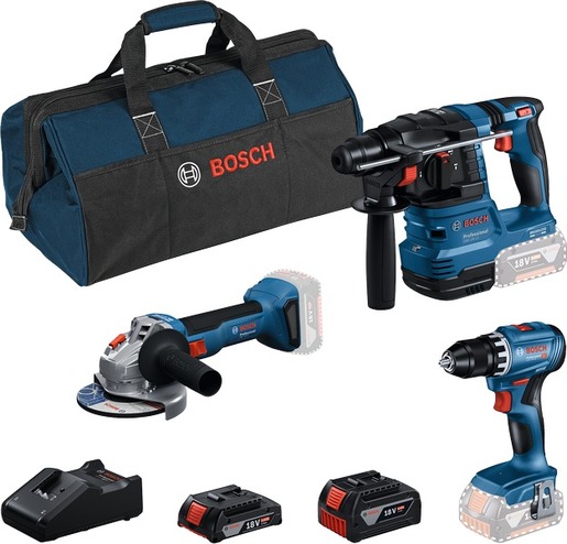 BOSCH Professional set od 3 alata GSR 18V-45 + GBH 18V-22 + GWS 18V-8 + GBA 2.0 Ah + GBA 4.0 Ah + GAL 18V-40 + torba 0615A50061