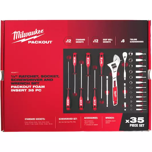 Milwaukee set čegrtaljke, nastavaka, odvijača i ključeva 1/4" u PACKOUT umetku od pene, 35 delova 4932480717