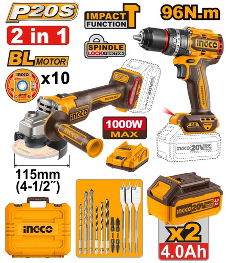 INGCO Aku set  (ugaon brusilica+udarna bušilica 60nM) SUPER CKLI20273E