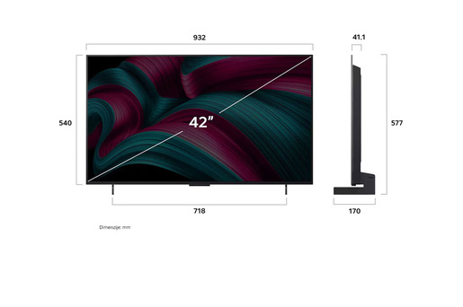 LG OLED evo AI C5 OLED42C51LA, 4K Ultra HD, WebOS Smart TV, VRR 144Hz, α9 AI Processor 4K Gen8, Dynamic Tone Mapping, AI Brightness Control