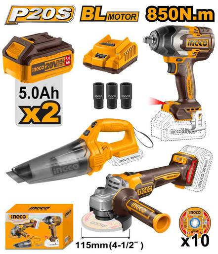 INGCO Aku set(odvijač 850NM+brusilica+usisivač) SUPER COSLI240789E