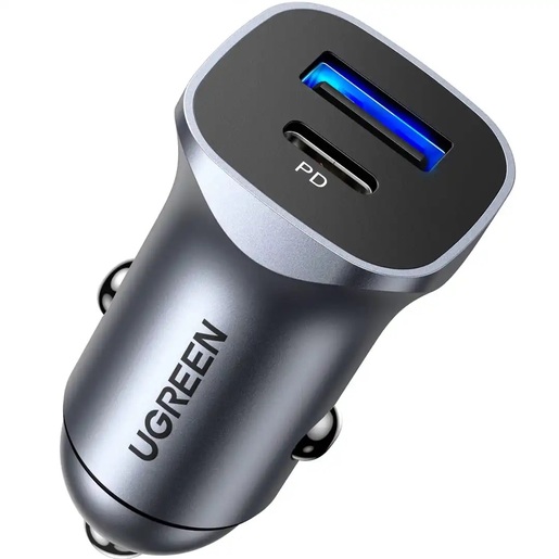 Ugreen CD130, 20W, USB-A, Tip-C, Grey Auto Punjač