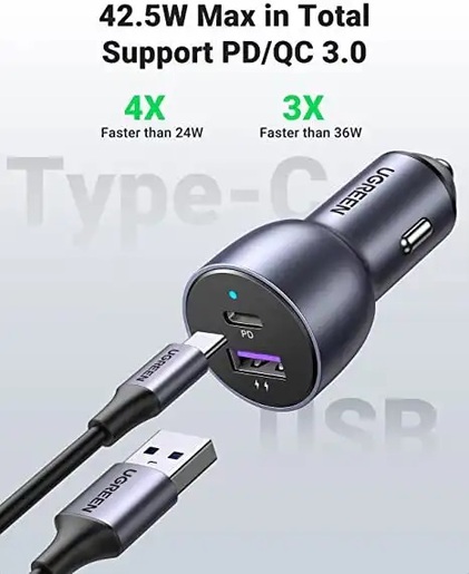Ugreen CD213, 52.5W, USB-A, Tip-C, Grey Auto Punjač