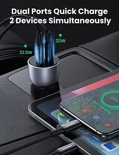 Ugreen CD213, 52.5W, USB-A, Tip-C, Grey Auto Punjač
