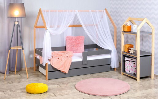 Krevet kućica sa fiokom i dušekom 160x80 DOMEK - SIVA (bukva) 7728