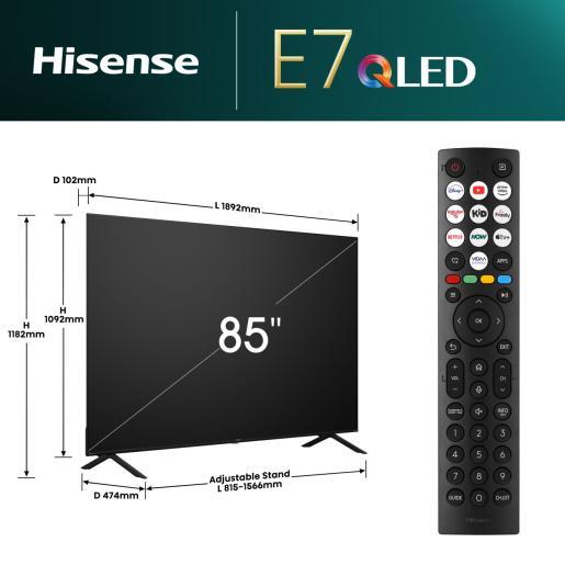 Hisense QLED TV 85" 85E7NQ, 4K Ultra HD, VIDAA OS Smart TV, Quantum Dot Colour, Dolby Vision-Atmos, 4K AI Upscaler, DTS® Virtual:X™