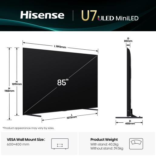 Hisense MiniLED 85" 85U7Q, 4K Ultra HD, VIDAA OS Smart TV, QLED Colour, Hi-View AI Engine, 144Hz Game Mode PRO, Ugrađeni sabvufer