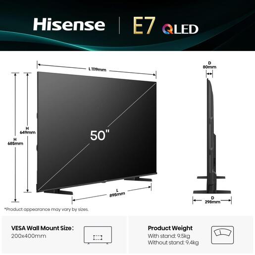 Hisense QLED TV 50" 50E7Q, 4K Ultra HD, VIDAA OS Smart TV, QLED Colour, AI 4K Upscaler, AI Smooth Motion, Dolby Vision Atmos