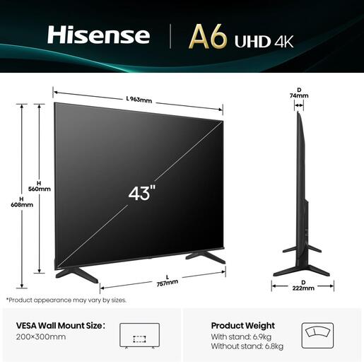 Hisense LED TV 43" 43A6Q, 4K Ultra HD, VIDAA OS Smart TV, AI 4K Upscaler, AI Smooth Motion, Game Mode PLUS, Dolby Vision