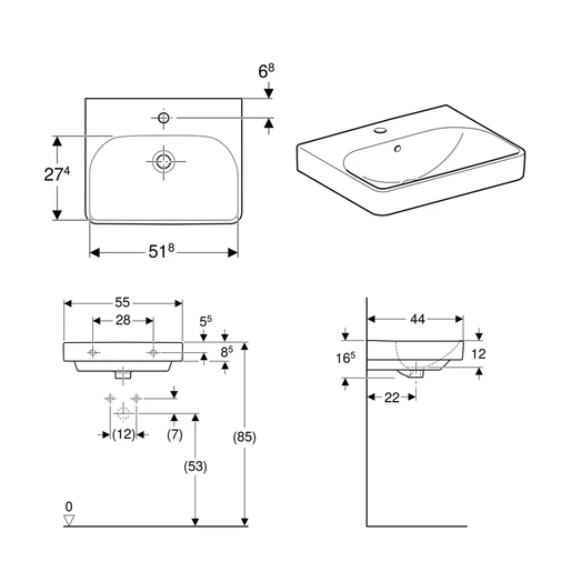 Geberit Lavabo 55 Smyle Square R na sredini
