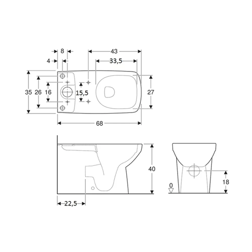Geberit WC šolja za monoblok univerzalna, ravni zid, SELNOVA SQUARE Rimfree