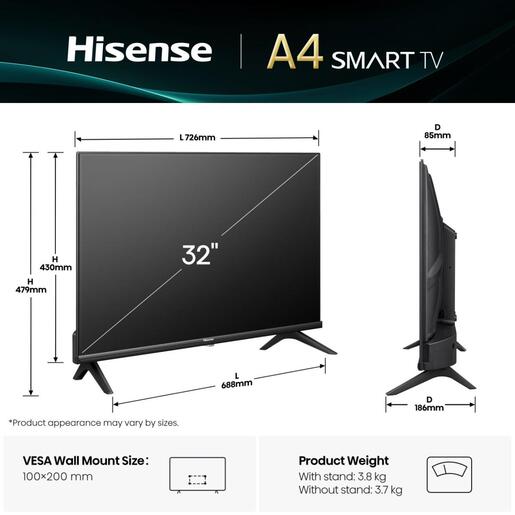 Hisense LED TV 32A4Q, HD Ready, VIDAA Smart TV, HDR10, DVB-T2/T/C/S2/S, Dolby Audio, DTS Virtual:X