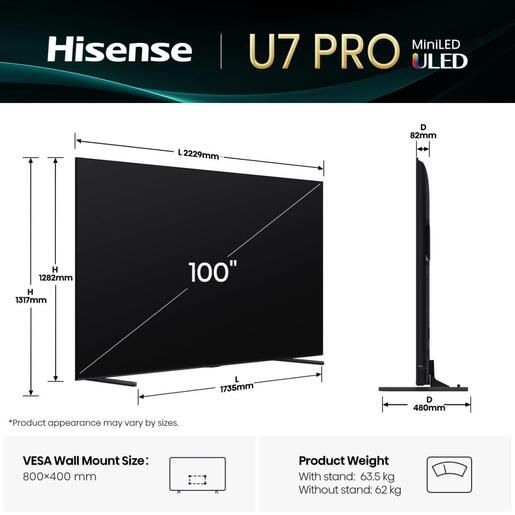Hisense ULED TV 100U7Q, 4K Ultra HD, VIDAA OS Smart TV, Mini-LED PRO, VRR 165Hz, Hi-View AI Engine PRO, Anti-refleksija, QLED Colour With Pantone