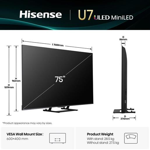 Hisense ULED TV 75" 75U7Q, 4K Ultra HD, Smart TV, VIDAA OS, Mini-LED, VRR 144Hz, Hi-View AI Engine, QLED Colour, Dolby Vision Atmos