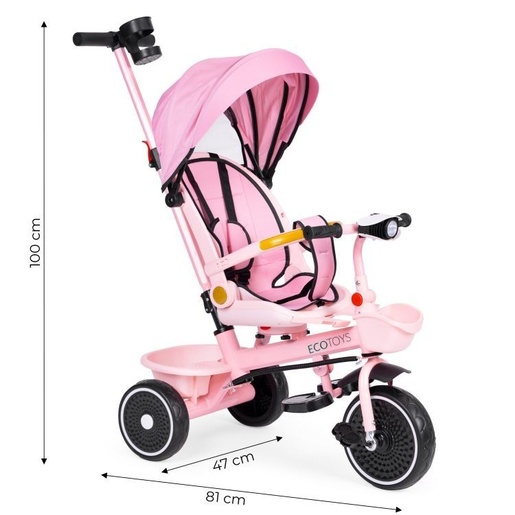 ECO TOYS 2u1 tricikl sa rotirajućim sedištem i sklopivom tendom Pink, WQL-066-18 PINK