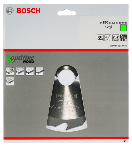 BOSCH List kružne testere Optiline Wood 190x30x2,6/1,6 mm, 12Z ATB 2608641187