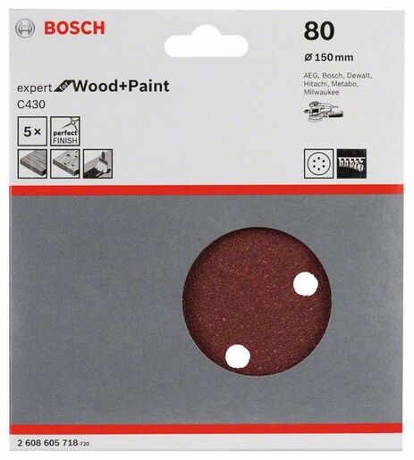 BOSCH Set brusnih listova za ekscentrične brusilice C430 Best for Wood and Paint, Ø 150 mm, 6 rupa, G 80 2608605718