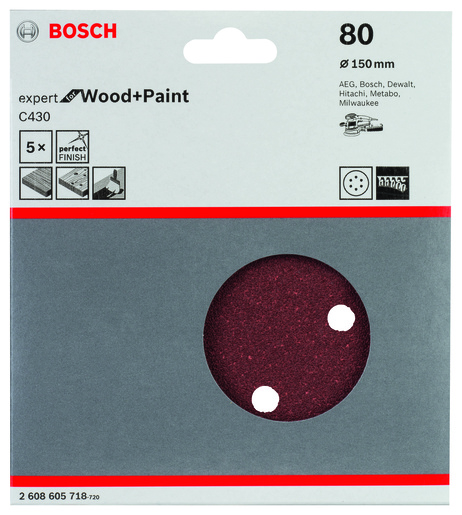 BOSCH Set brusnih listova za ekscentrične brusilice C430 Best for Wood and Paint, Ø 150 mm, 6 rupa, G 80 2608605718