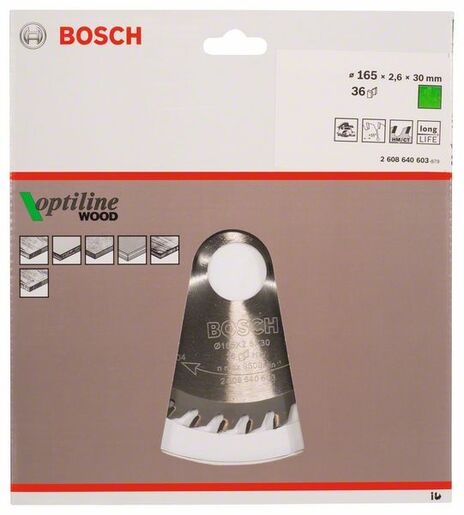 BOSCH List kružne testere Optiline Wood 165x2,6 / 1,6x30 / 20 mm, Z=36, ATB 2608640603