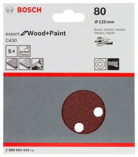 BOSCH Set brusnih listova za ekscentrične brusilice C430, Best for Wood and Paint, Ø 125 mm, 8 rupa, G 80 2608605642