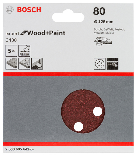 BOSCH Set brusnih listova za ekscentrične brusilice C430, Best for Wood and Paint, Ø 125 mm, 8 rupa, G 80 2608605642