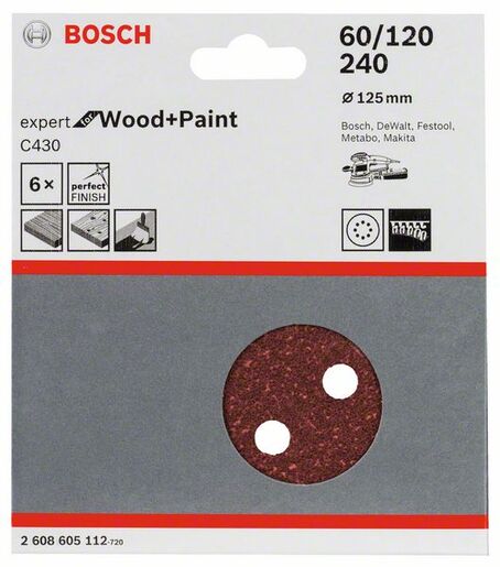 BOSCH Set brusnih listova za ekscentrične brusilice C430, Best for Wood and Paint, Ø 125 mm, 8 rupa, G60; G120; G240 2608605112