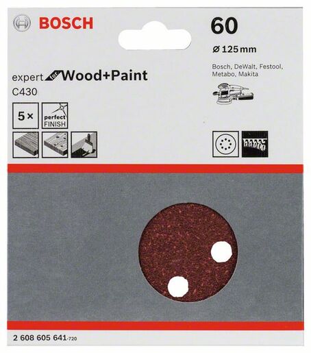 BOSCH Set brusnih listova za ekscentrične brusilice C430, Best for Wood and Paint, Ø 125 mm, 8 rupa, G 60 2608605641